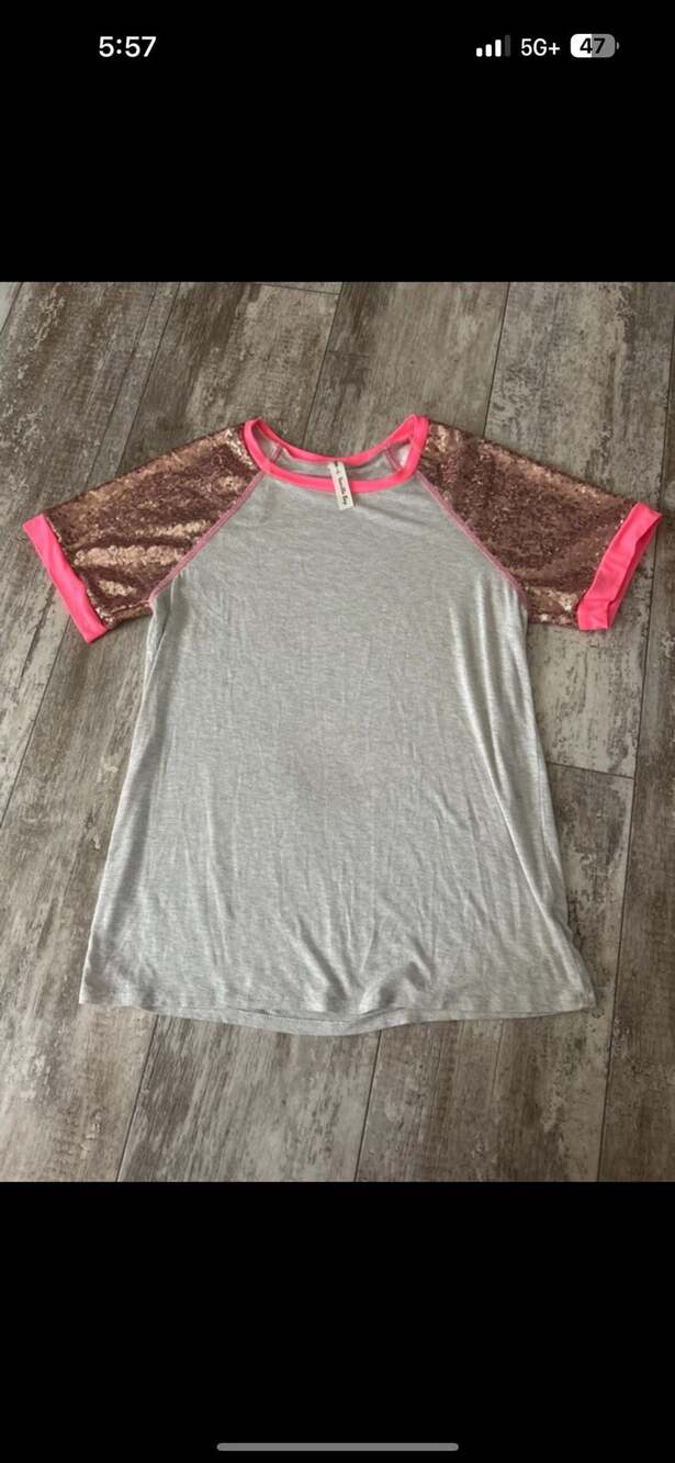 Vanilla Bay Raglan Tee Size M Grey Rose Gold Sequin Neon Pink
